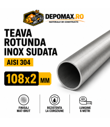 Teava rotunda inox sudata AISI 304, 108 x 2 mm, 6 metri Teava rotunda inox sudata AISI 304, 108 x 2 mm, 6 metri